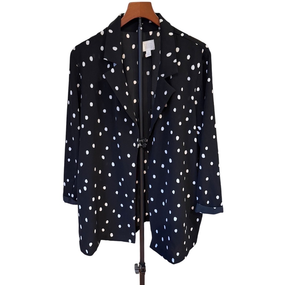 14th & Union Womens XL Polka Dot Open Front Blazer Black White 3/4 Sleeve Jacket